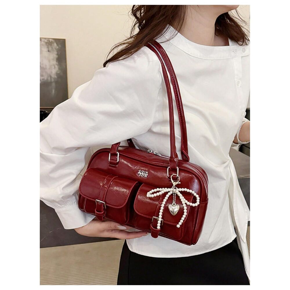 8690 PU Leather Shoulder Bag Top Handle Y2k Handbag Purse Boston Bowler Bag - Picture 4 of 6